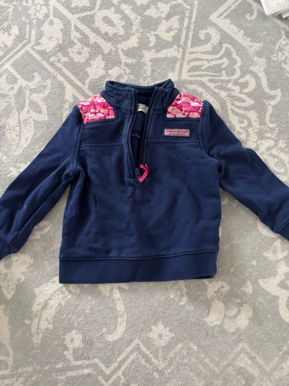 Vineyard Vines Navy Kids Pullover with Pink Floral Shoulder Panels